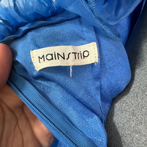 Main Strip Royal Blue Dress w/ structured ruffles halter open back organza - Picture 2 of 10